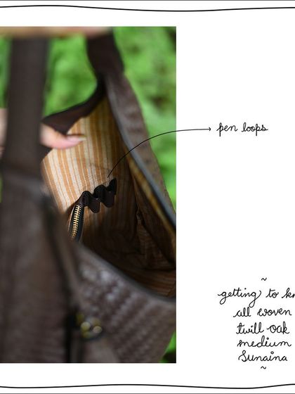 A look inside the All Woven Twill Oak Medium Sunaina, showing the handy pen loops stitched into the lining. It's a small detail that makes a big difference in staying organized.