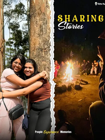 A collage of travelers sharing stories around a bonfire and hugging. This represents the healing power of travel and the connections made on our October festive trips.