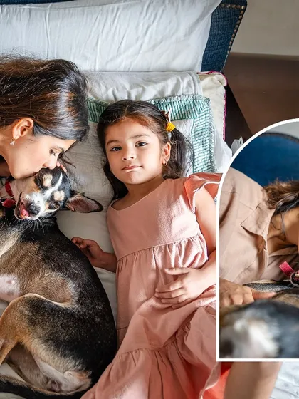 A collage showing the deep bond between a family and their rescue dog, Choco. A mother and daughter share kisses and cuddles with their sweet pup in bed, capturing the essence of a loving, safe home.