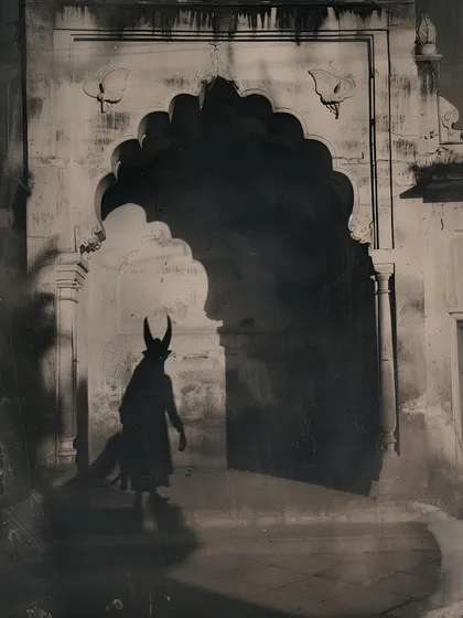 A horned figure's shadow is cast upon a large archway. The 'once upon a time' series uses shadows and silhouettes to create a sense of dread and mystery.