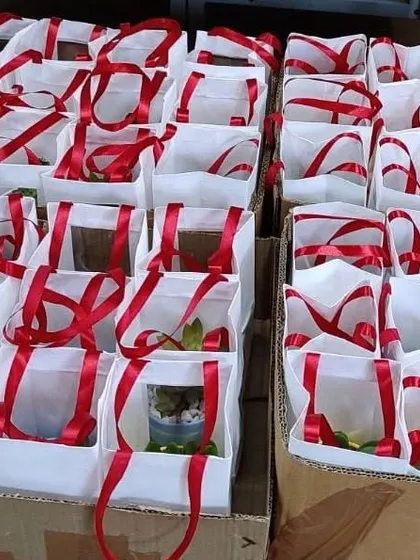 A large batch of gift bags for Pluralsight, packed in cartons and ready for delivery, demonstrating our capacity for bulk corporate orders.
