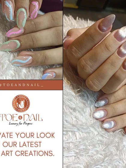 A collage showcasing our latest nail art creations. This graphic features a pastel swirl design and a shimmery cat-eye effect, inviting you to elevate your look.