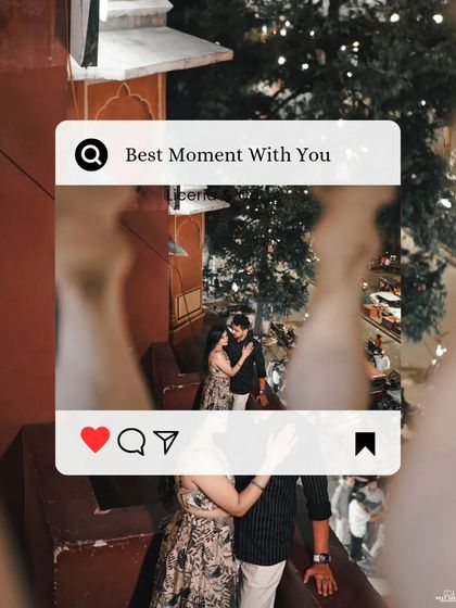 A playful and modern take on a pre-wedding photo, framing the couple at Hawa Mahal within a social media interface graphic.