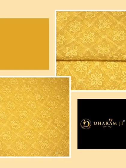 A vibrant yellow fabric with intricate self-colored embroidery, perfect for a Haldi ceremony kurta.
