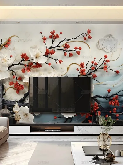 A beautiful 3D wallpaper for a TV unit, featuring white and red cherry blossoms on a branch against a stylized background.