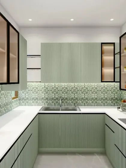 This angle showcases the ample counter space and smart storage solutions. The mix of closed cabinets, glass-fronted displays, and open shelving ensures everything has its place.
