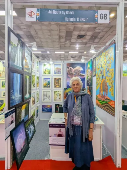 We are incredibly proud to see our students thrive. Here is Harindar ma'am, from our hobby class, standing proudly at her own stall in The Haat of Art exhibition, showcasing the amazing body of work she created with us.