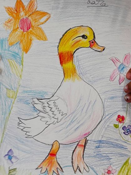 A beautifully colored duck drawing, showcasing a student's skill in blending different shades with colored pencils.