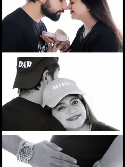 A collage showcasing different aspects of a maternity shoot. It includes intimate couple moments, a focus on the baby bump, and playful props like 'Mom' and 'Dad' hats for a variety of shots.