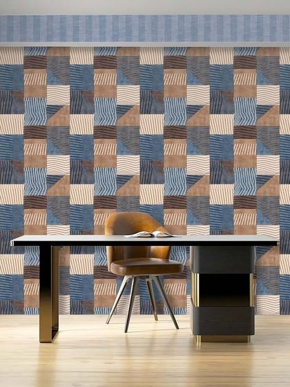 Another color variation of the geometric block pattern, this time in shades of blue and brown. It provides a cool, calming backdrop for a home office, promoting focus and creativity.