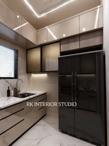This render shows the kitchen layout with the refrigerator integrated into the cabinetry. The combination of wood-textured and glossy beige cabinets, along with fluted glass, creates a sophisticated look.
