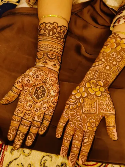 A little mehndi, a little magic, and a lot of love. This is a beautiful example of a party henna design, which is intricate but doesn't provide full coverage like a bridal design.