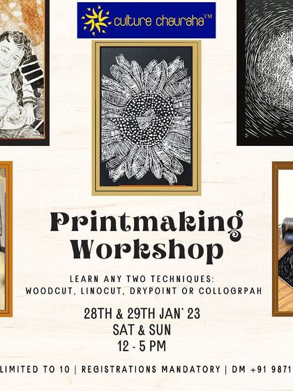 An announcement for our comprehensive printmaking workshop, covering techniques like woodcut, linocut, drypoint, and collagraphy.