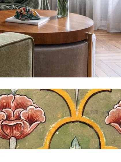 Another inspirational collage, focusing on the rich textures of a wooden coffee table and the intricate patterns found in traditional Indian art, which often influence our contemporary designs.
