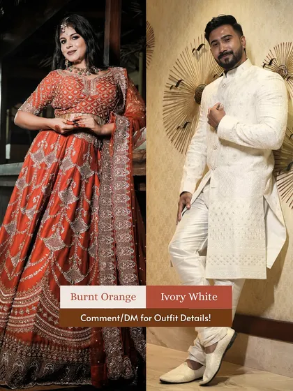 This is the vibe for 2025 couples. I love seeing partners coordinate their looks, like this stunning burnt orange lehenga and ivory white sherwani. It’s all about creating that picture-perfect moment together.