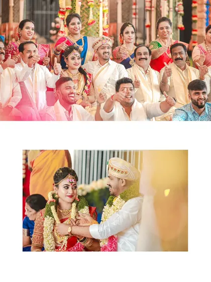 A collage capturing the pure joy of a wedding, featuring a fun thumbs-up from the family and a sweet, candid moment between the couple during the ceremony.