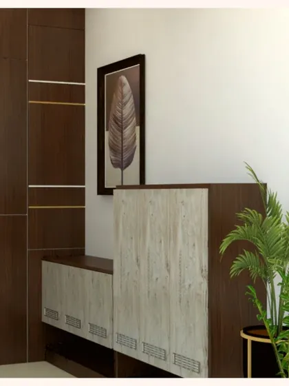 Foyer Problem Solving: The client had an unsightly duct door at their entrance. My solution was to design custom paneling and a shoe rack that completely conceals it. This before-and-after demonstrates how I solve practical problems with elegant design.