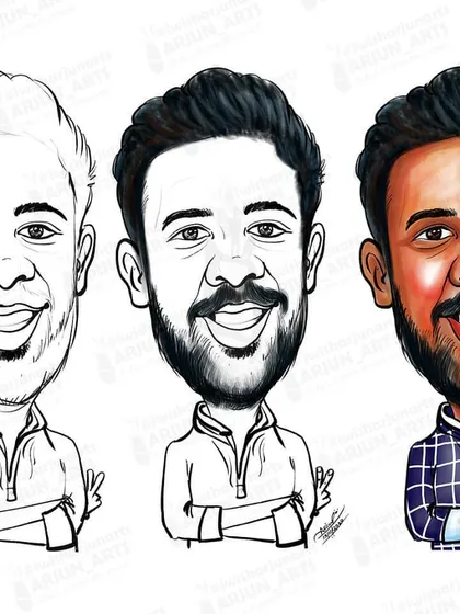 Here’s a peek at my digital process. This shows how a caricature comes to life, starting from a rough sketch, moving to clean line art, and finally getting a full-color treatment to make the personality pop.