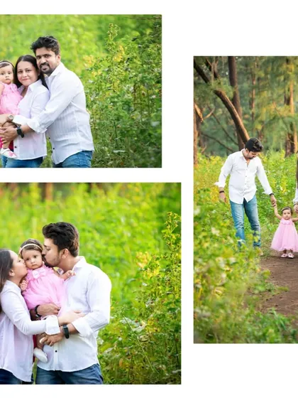 A collage of a family photoshoot in a lush, green outdoor setting, capturing candid moments of love and laughter.