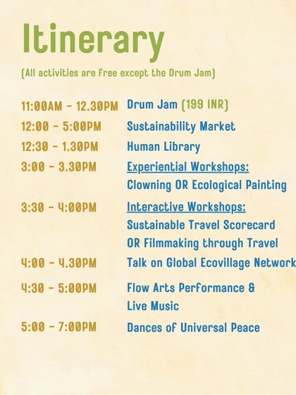 Here’s the full itinerary for our Regenerate Bangalore Festival. The day is packed with free activities, including a sustainability market, experiential workshops, and a talk on the Global Ecovillage Network.
