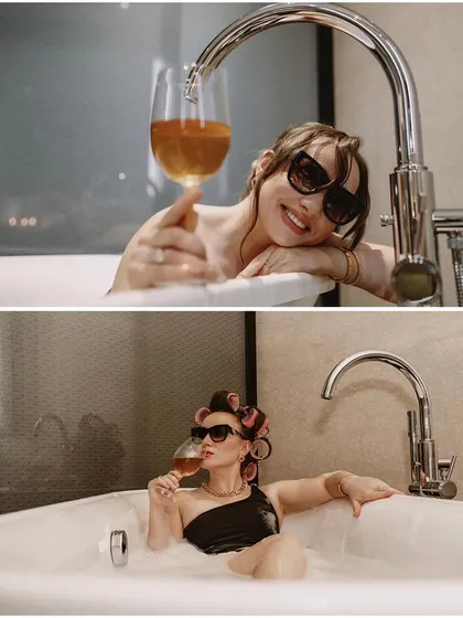 A diptych from a creative bathtub photoshoot. These two images tell a story of playful indulgence and relaxation, using props like sunglasses and a wine glass.