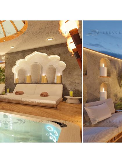 A Moroccan-inspired terrace design for a South Delhi home. This collage shows a jacuzzi area with plush daybeds and decorative niches, creating a spa-like retreat.