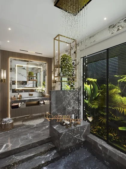 Another view of the spa-like bathroom, highlighting the gold-finish rain shower and shelving unit, which adds a touch of glamour.