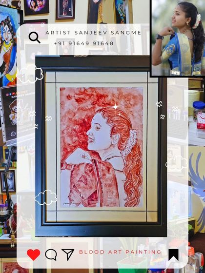 A framed blood art portrait displayed in my studio. The reference photo is placed alongside to show the transformation. I take pride in capturing the unique beauty of each person I paint.