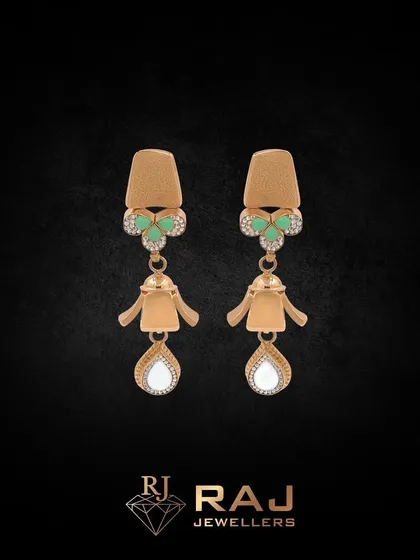 A pair of elegant drop earrings featuring a unique design with green and white stones. The combination of brushed gold and sparkling gems gives them a sophisticated and modern appeal.