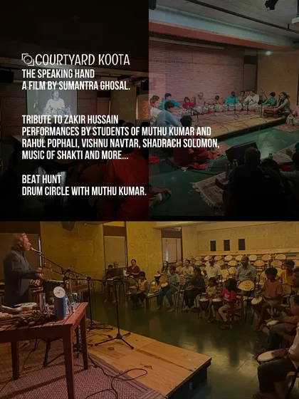 A collage from the tribute event for Ustad Zakir Hussain, which included a screening of the film 'The Speaking Hand', performances by students, and a drum circle.