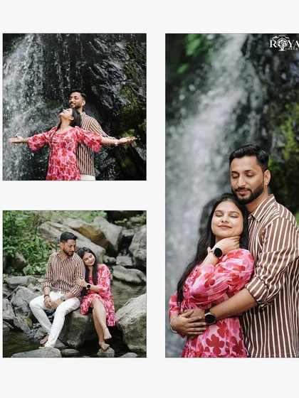 A collage showcasing a couple's joy and connection in front of a waterfall, with poses that are both grand and intimate.