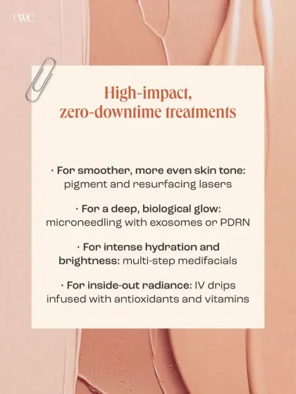 High-impact, zero-downtime treatments are perfect for brides. To achieve a smoother skin tone, I use pigment and resurfacing lasers. For a deep, biological glow, microneedling with exosomes or PDRN works wonders, while multi-step medifacials provide intense hydration.
