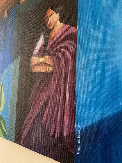 A close-up detail of my acrylic painting 'Intezaar'. This shot highlights the texture of the saree and the warm skin tones against the cool blue of the wall, showing the details of the brushwork.