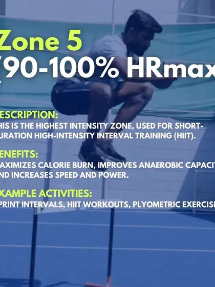 Zone 5 (90-100% HRmax). This is the highest intensity zone, used for short-duration HIIT. It maximizes calorie burn, improves anaerobic capacity, and increases speed and power through sprint intervals and plyometrics.