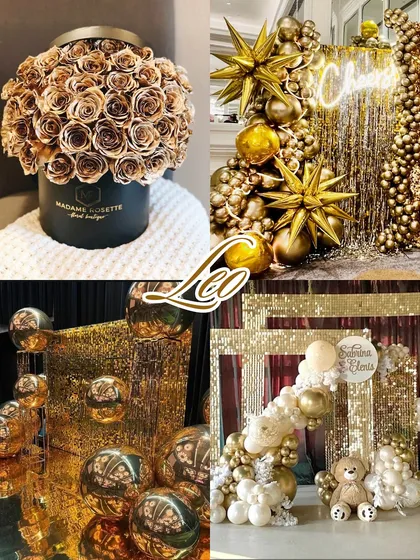 Zodiac decor aesthetics: Leo. Regal, dramatic, and born to shine. A Leo party demands nothing less than bold gold, shimmer walls, and a luxurious, over-the-top atmosphere.