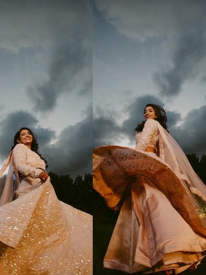 A collage of a bride twirling in her sparkling lehenga. The motion and the dramatic sky combine to create a magical, fairytale-like scene.