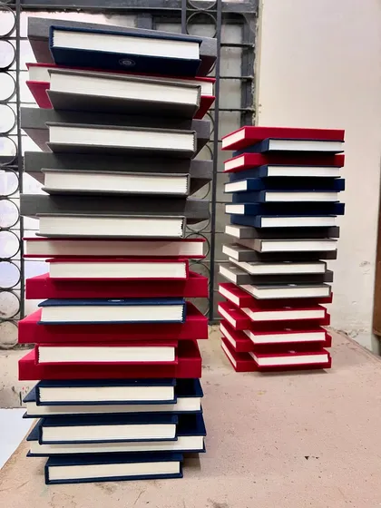 More notebook Jenga! We love seeing our handcrafted journals stacked up and ready to be filled with stories, plans, and dreams. Each one is made with care in our workshop.
