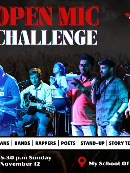 A poster for Open Mic Challenge 70, featuring a powerful image of a full band and listing all the performance categories we welcome.
