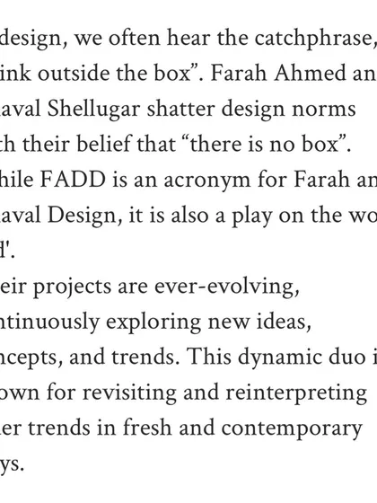The AD Middle East article described our philosophy of shattering design norms with the belief that "there is no box." This perfectly captures our dynamic and ever-evolving approach to design.