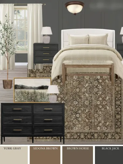 A bedroom mood board with a cozy, traditional feel, featuring a mix of dark wood furniture, a patterned rug, and a neutral color scheme of grays and browns.
