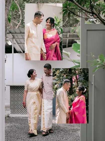 A collage capturing the story of an engagement. The photos show the couple walking together and sharing glances, highlighting the beautiful textures and light within our venue.