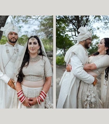 A collage of the couple during their wedding ceremony. It shows both a formal portrait and a candid moment of laughter, capturing the different facets of their day.