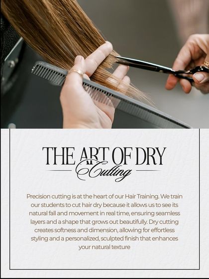 We train our students in the art of dry cutting. This technique allows us to see the hair's natural fall and movement, ensuring a personalized, sculpted finish that grows out gracefully.