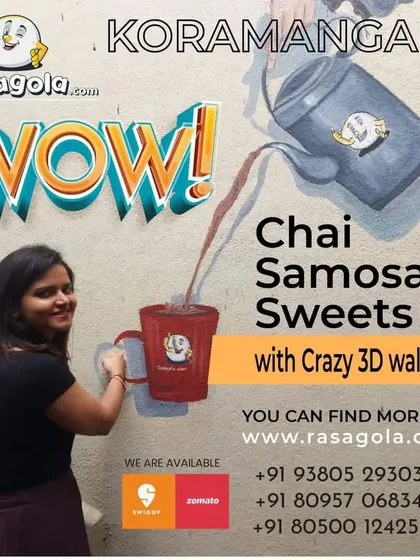Our Koramangala cafe is more than just a place to eat; it's an experience. Come enjoy our special chai, crispy samosas, and delicious sweets surrounded by vibrant 3D wall art.