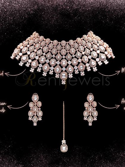 A beautiful rose gold choker necklace set crafted with American diamonds. This magical piece adds modern radiance to your special occasion and is available to rent now.