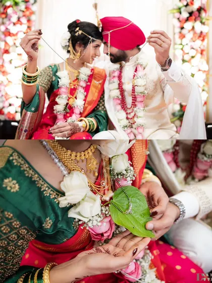 A collage showing the sacred rituals of a fusion wedding, including the tying of the mangalsutra, a symbol of their union.