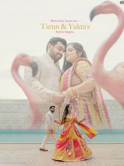 A whimsical and creative engagement photo using digital art elements like flamingos to frame the couple. This shows my ability to create unique and personalized images.