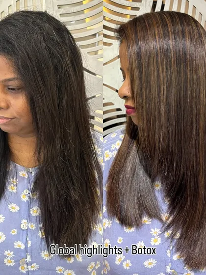Yes, you can get highlights and a smoothing treatment together. Here, I combined global highlights with a Hair Botox treatment to not only add dimension with color but also to ensure the hair remains smooth, healthy, and frizz-free.