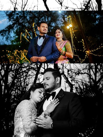 A romantic outdoor portrait session during the reception, using fairy lights and natural elements.