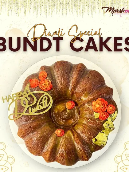 My Diwali Special Bundt cake is a true centerpiece. This one is decorated with a "Happy Diwali" topper, delicate sugar flowers, and a touch of edible gold varq for that festive sparkle.